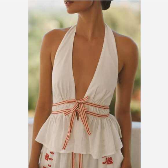 Brand New Celandine Linen Halter Tie-Front Tank Top - Picture 4 of 4